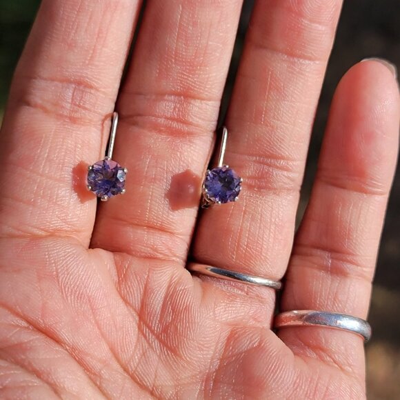 Vintage 925 sterling silver amethyst leverback drop earrings - Picture 13 of 16